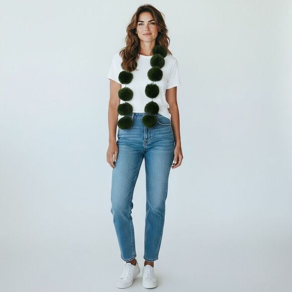 Handmade Green Faux Fur Pom Pom Scarf – Soft, Cozy, Unique Winter Fashion - Picture 1 of 6